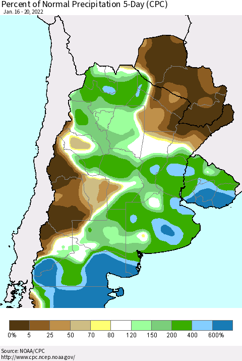 Southern South America Percent of Normal Precipitation 5-Day (CPC) Thematic Map For 1/16/2022 - 1/20/2022