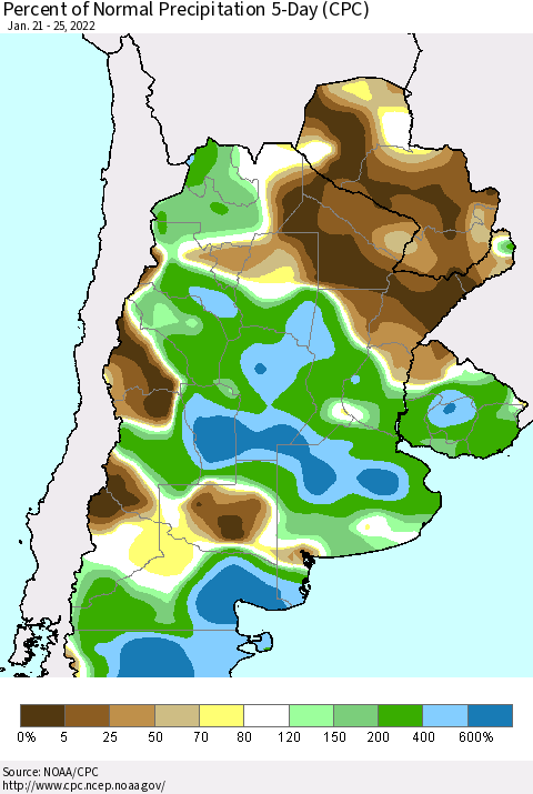 Southern South America Percent of Normal Precipitation 5-Day (CPC) Thematic Map For 1/21/2022 - 1/25/2022