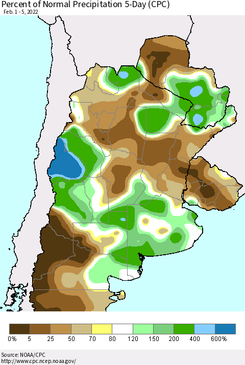 Southern South America Percent of Normal Precipitation 5-Day (CPC) Thematic Map For 2/1/2022 - 2/5/2022