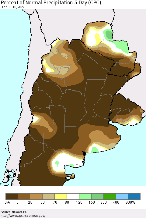 Southern South America Percent of Normal Precipitation 5-Day (CPC) Thematic Map For 2/6/2022 - 2/10/2022
