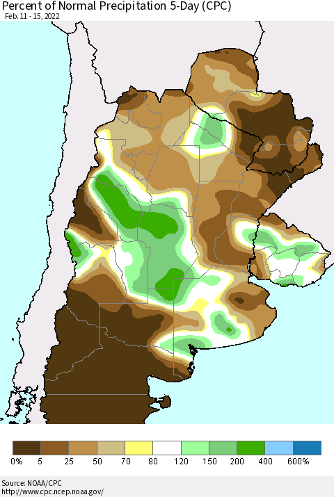 Southern South America Percent of Normal Precipitation 5-Day (CPC) Thematic Map For 2/11/2022 - 2/15/2022