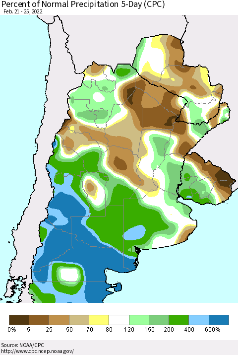 Southern South America Percent of Normal Precipitation 5-Day (CPC) Thematic Map For 2/21/2022 - 2/25/2022