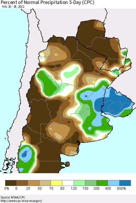 Southern South America Percent of Normal Precipitation 5-Day (CPC) Thematic Map For 2/26/2022 - 2/28/2022