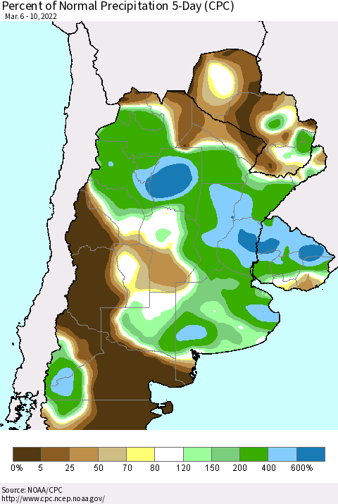 Southern South America Percent of Normal Precipitation 5-Day (CPC) Thematic Map For 3/6/2022 - 3/10/2022