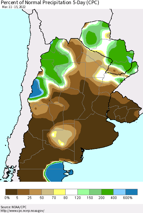 Southern South America Percent of Normal Precipitation 5-Day (CPC) Thematic Map For 3/11/2022 - 3/15/2022