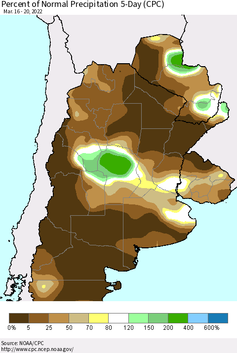 Southern South America Percent of Normal Precipitation 5-Day (CPC) Thematic Map For 3/16/2022 - 3/20/2022