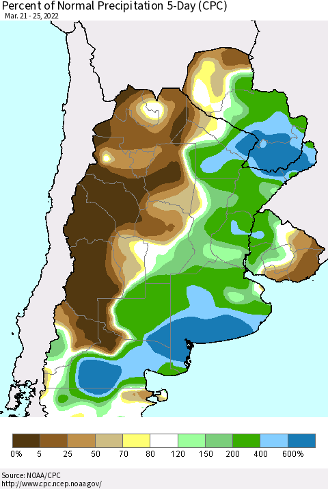 Southern South America Percent of Normal Precipitation 5-Day (CPC) Thematic Map For 3/21/2022 - 3/25/2022