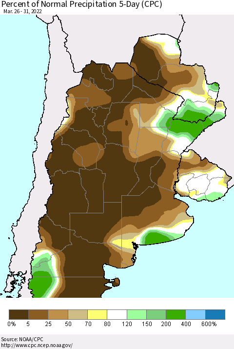 Southern South America Percent of Normal Precipitation 5-Day (CPC) Thematic Map For 3/26/2022 - 3/31/2022