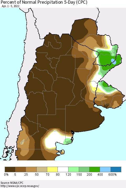 Southern South America Percent of Normal Precipitation 5-Day (CPC) Thematic Map For 4/1/2022 - 4/5/2022