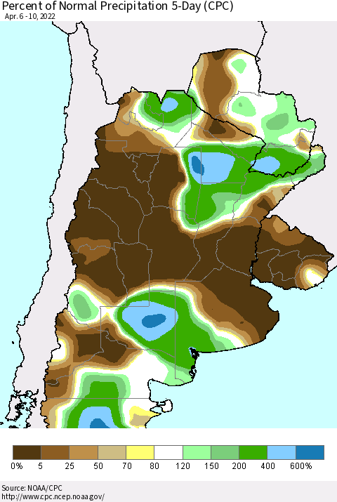 Southern South America Percent of Normal Precipitation 5-Day (CPC) Thematic Map For 4/6/2022 - 4/10/2022