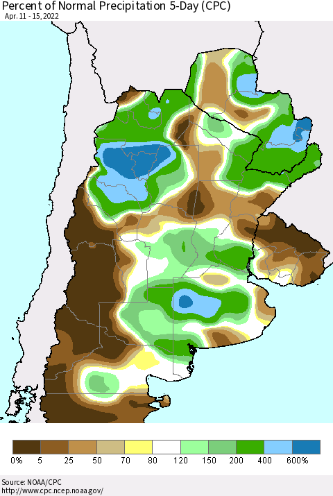 Southern South America Percent of Normal Precipitation 5-Day (CPC) Thematic Map For 4/11/2022 - 4/15/2022