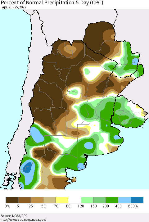 Southern South America Percent of Normal Precipitation 5-Day (CPC) Thematic Map For 4/21/2022 - 4/25/2022