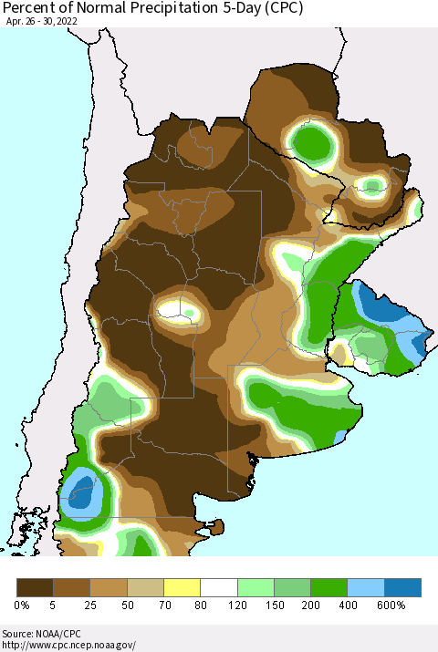 Southern South America Percent of Normal Precipitation 5-Day (CPC) Thematic Map For 4/26/2022 - 4/30/2022