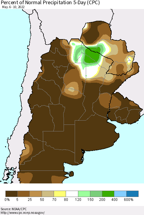Southern South America Percent of Normal Precipitation 5-Day (CPC) Thematic Map For 5/6/2022 - 5/10/2022