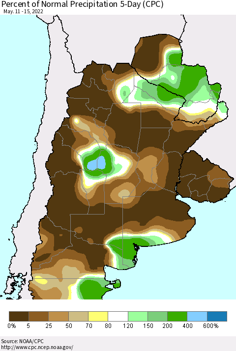 Southern South America Percent of Normal Precipitation 5-Day (CPC) Thematic Map For 5/11/2022 - 5/15/2022