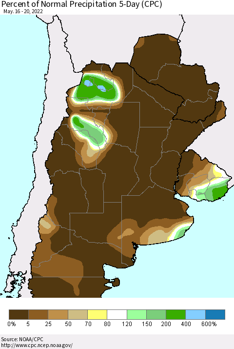 Southern South America Percent of Normal Precipitation 5-Day (CPC) Thematic Map For 5/16/2022 - 5/20/2022