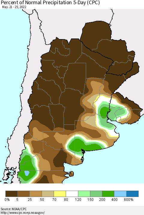 Southern South America Percent of Normal Precipitation 5-Day (CPC) Thematic Map For 5/21/2022 - 5/25/2022
