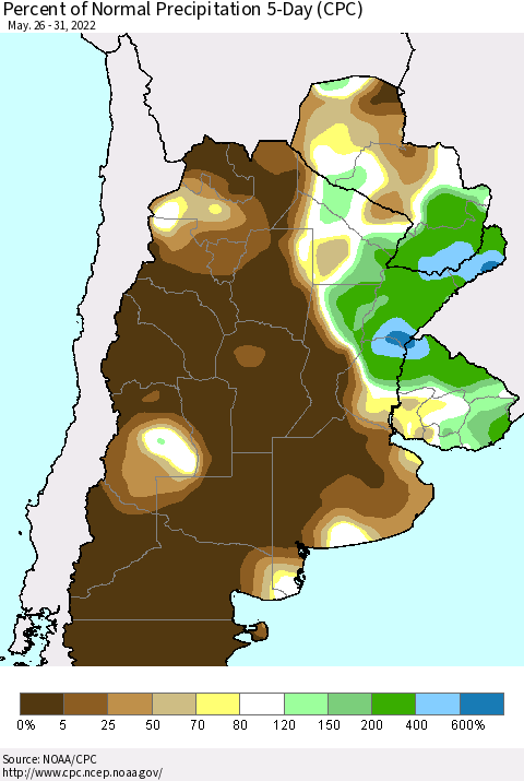 Southern South America Percent of Normal Precipitation 5-Day (CPC) Thematic Map For 5/26/2022 - 5/31/2022