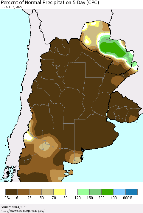 Southern South America Percent of Normal Precipitation 5-Day (CPC) Thematic Map For 6/1/2022 - 6/5/2022