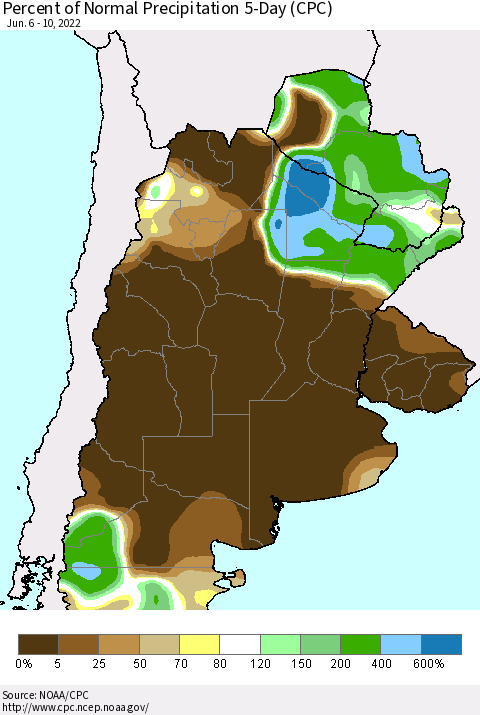 Southern South America Percent of Normal Precipitation 5-Day (CPC) Thematic Map For 6/6/2022 - 6/10/2022