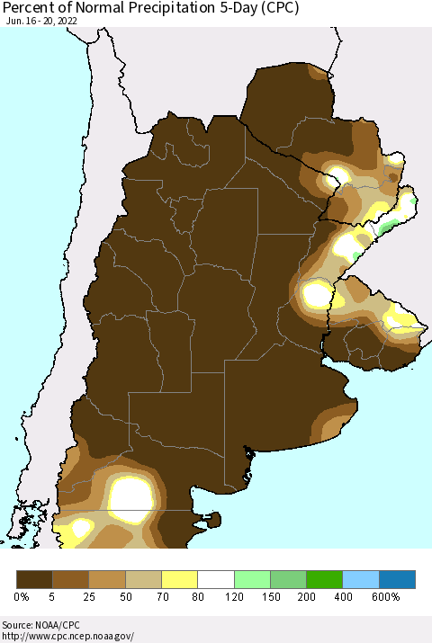 Southern South America Percent of Normal Precipitation 5-Day (CPC) Thematic Map For 6/16/2022 - 6/20/2022
