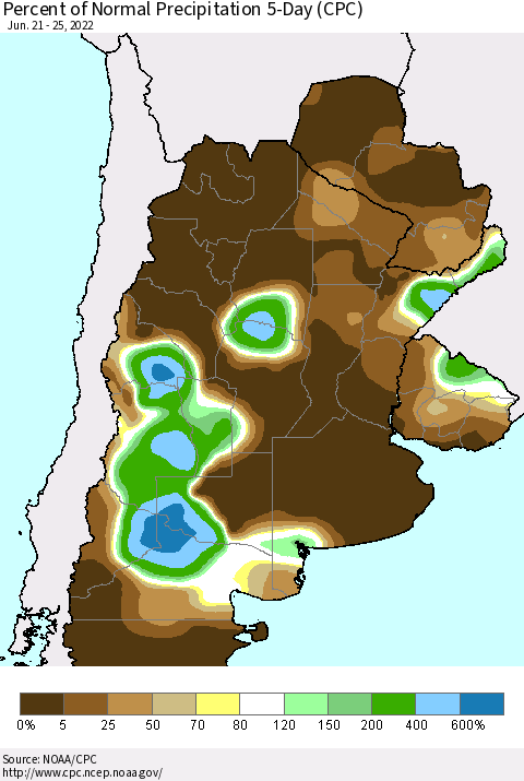 Southern South America Percent of Normal Precipitation 5-Day (CPC) Thematic Map For 6/21/2022 - 6/25/2022