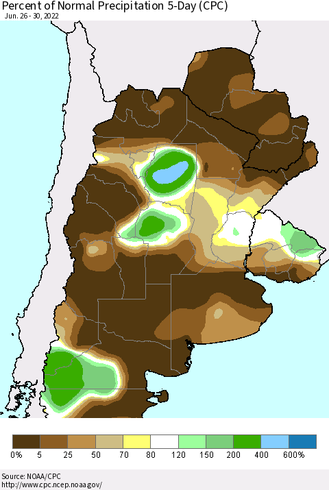 Southern South America Percent of Normal Precipitation 5-Day (CPC) Thematic Map For 6/26/2022 - 6/30/2022