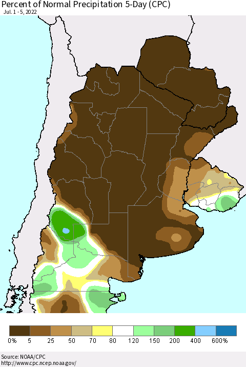 Southern South America Percent of Normal Precipitation 5-Day (CPC) Thematic Map For 7/1/2022 - 7/5/2022