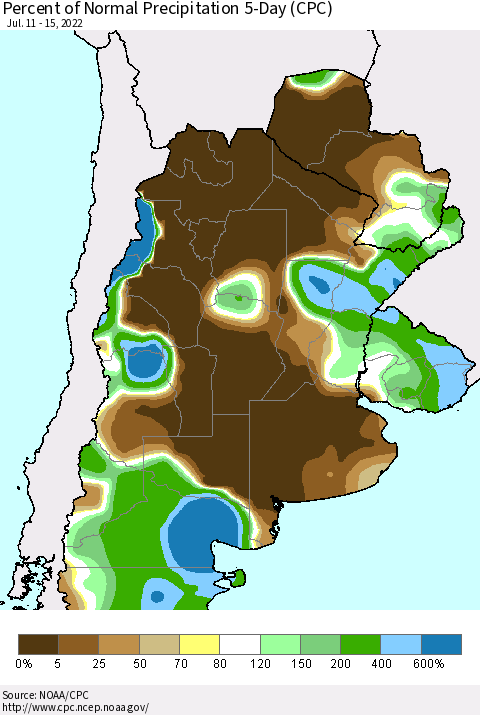 Southern South America Percent of Normal Precipitation 5-Day (CPC) Thematic Map For 7/11/2022 - 7/15/2022