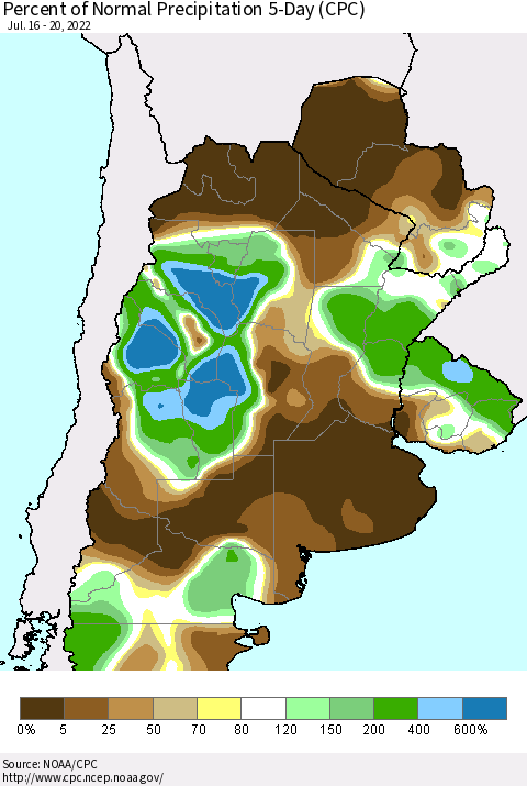Southern South America Percent of Normal Precipitation 5-Day (CPC) Thematic Map For 7/16/2022 - 7/20/2022