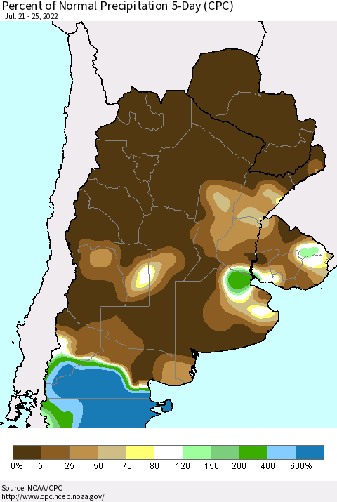Southern South America Percent of Normal Precipitation 5-Day (CPC) Thematic Map For 7/21/2022 - 7/25/2022