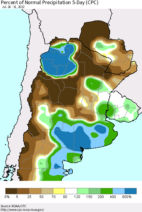 Southern South America Percent of Normal Precipitation 5-Day (CPC) Thematic Map For 7/26/2022 - 7/31/2022