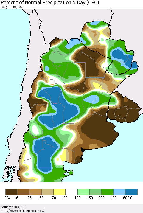 Southern South America Percent of Normal Precipitation 5-Day (CPC) Thematic Map For 8/6/2022 - 8/10/2022