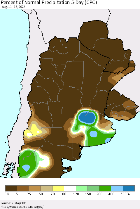 Southern South America Percent of Normal Precipitation 5-Day (CPC) Thematic Map For 8/11/2022 - 8/15/2022