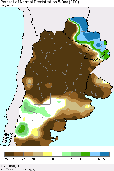 Southern South America Percent of Normal Precipitation 5-Day (CPC) Thematic Map For 8/16/2022 - 8/20/2022