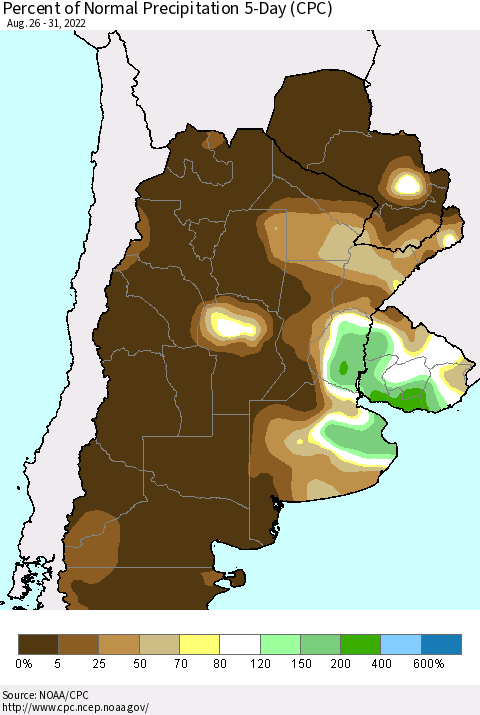 Southern South America Percent of Normal Precipitation 5-Day (CPC) Thematic Map For 8/26/2022 - 8/31/2022