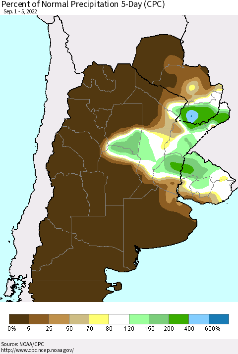 Southern South America Percent of Normal Precipitation 5-Day (CPC) Thematic Map For 9/1/2022 - 9/5/2022