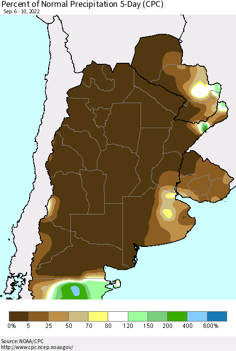 Southern South America Percent of Normal Precipitation 5-Day (CPC) Thematic Map For 9/6/2022 - 9/10/2022