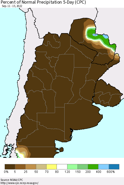 Southern South America Percent of Normal Precipitation 5-Day (CPC) Thematic Map For 9/11/2022 - 9/15/2022