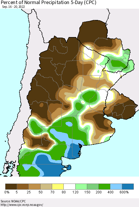 Southern South America Percent of Normal Precipitation 5-Day (CPC) Thematic Map For 9/16/2022 - 9/20/2022
