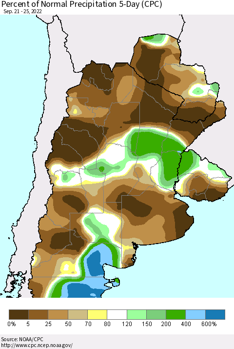 Southern South America Percent of Normal Precipitation 5-Day (CPC) Thematic Map For 9/21/2022 - 9/25/2022