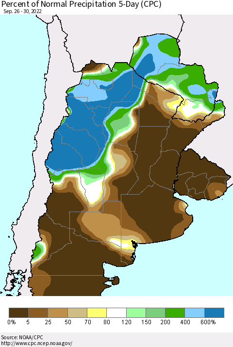 Southern South America Percent of Normal Precipitation 5-Day (CPC) Thematic Map For 9/26/2022 - 9/30/2022
