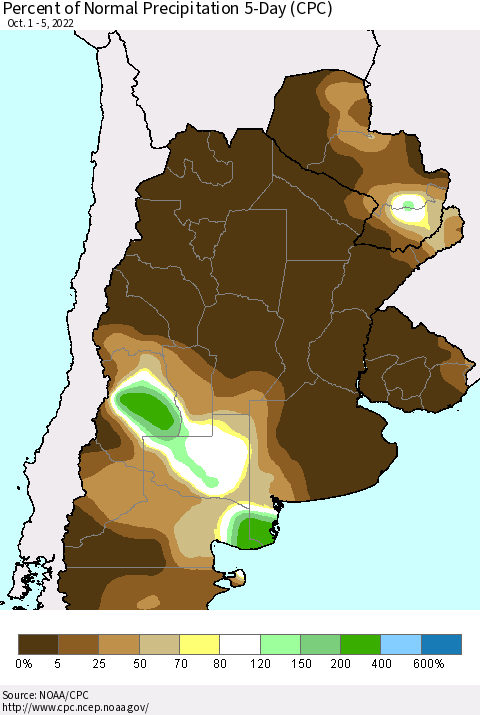 Southern South America Percent of Normal Precipitation 5-Day (CPC) Thematic Map For 10/1/2022 - 10/5/2022