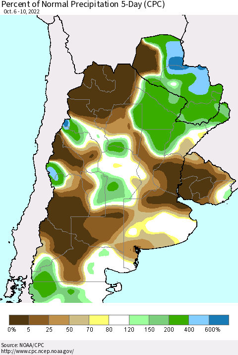 Southern South America Percent of Normal Precipitation 5-Day (CPC) Thematic Map For 10/6/2022 - 10/10/2022