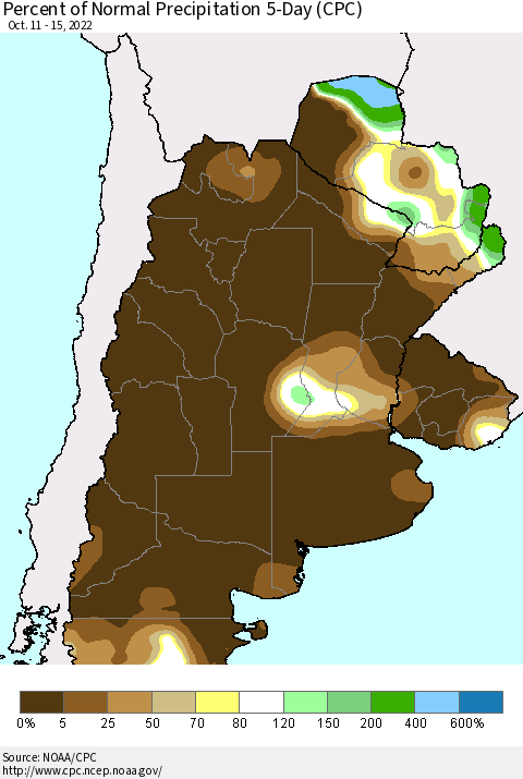 Southern South America Percent of Normal Precipitation 5-Day (CPC) Thematic Map For 10/11/2022 - 10/15/2022