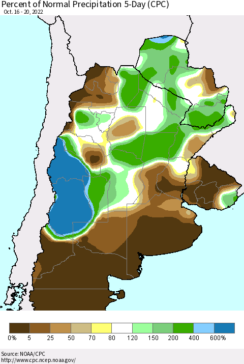 Southern South America Percent of Normal Precipitation 5-Day (CPC) Thematic Map For 10/16/2022 - 10/20/2022