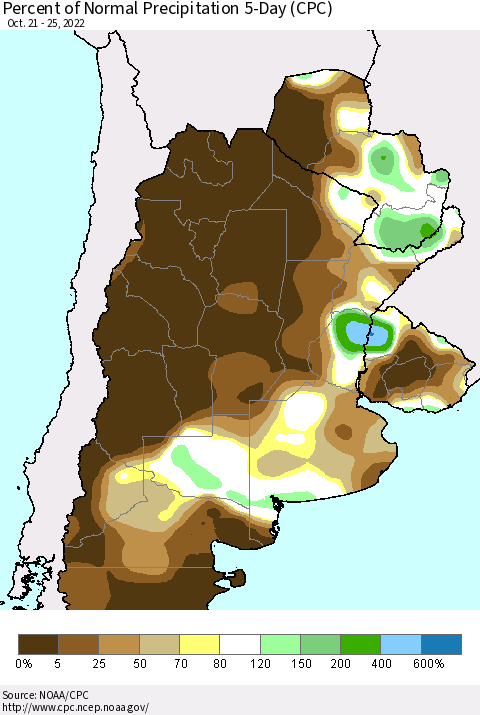 Southern South America Percent of Normal Precipitation 5-Day (CPC) Thematic Map For 10/21/2022 - 10/25/2022