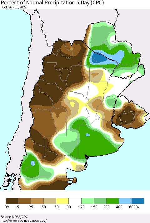 Southern South America Percent of Normal Precipitation 5-Day (CPC) Thematic Map For 10/26/2022 - 10/31/2022