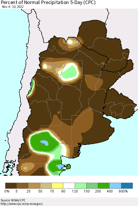 Southern South America Percent of Normal Precipitation 5-Day (CPC) Thematic Map For 11/6/2022 - 11/10/2022