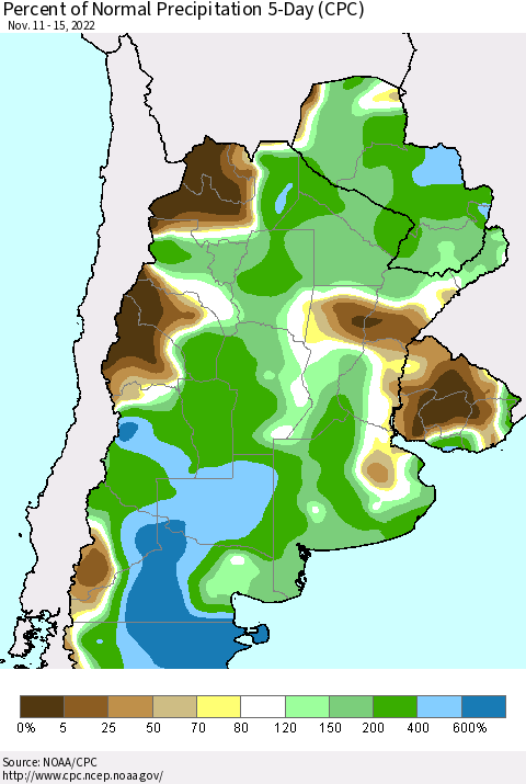 Southern South America Percent of Normal Precipitation 5-Day (CPC) Thematic Map For 11/11/2022 - 11/15/2022